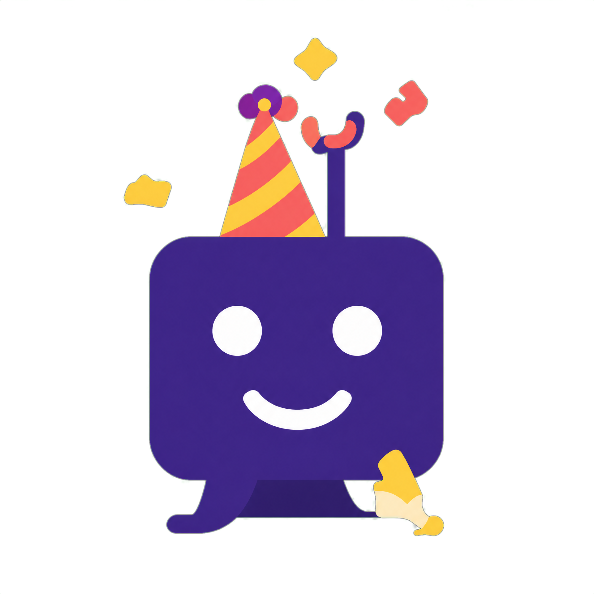 Friendly purple robot mascot wearing a party hat and holding a party popper